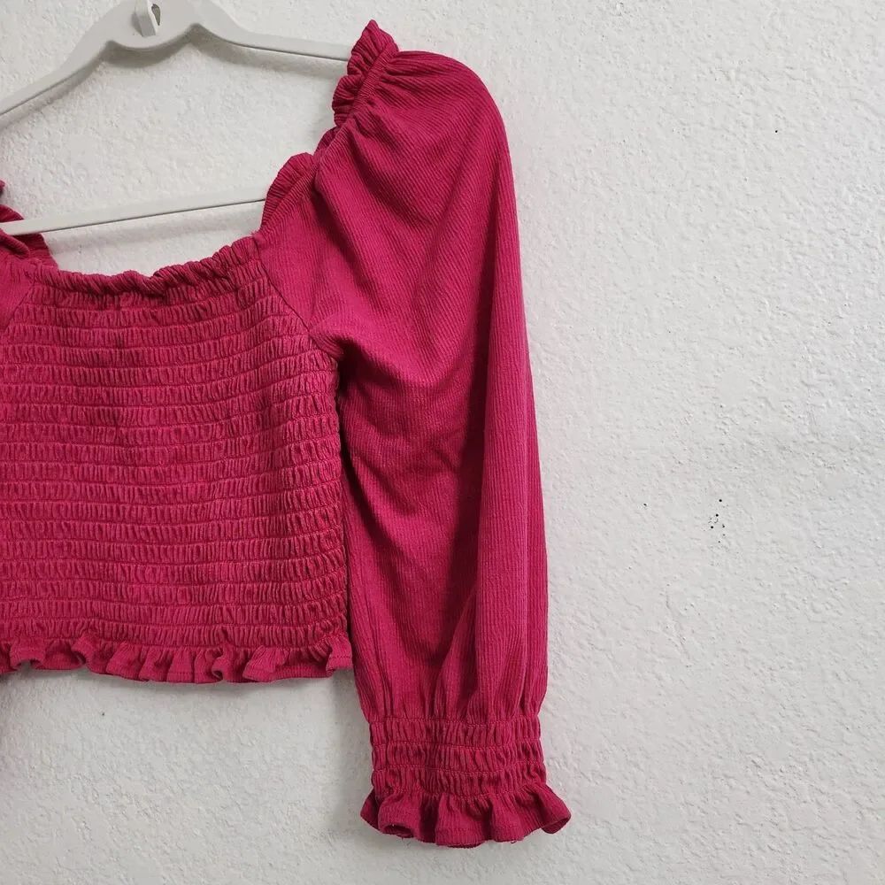 Free People Brenyce Blouse XS Pink Smocked Crop Top Boho Ruffled Jungle‎ Flower